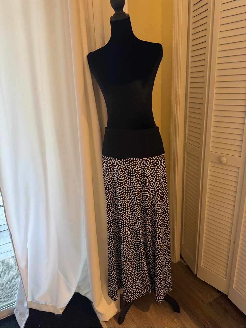 Black & White Polka Dot Maxi Skirt with Wide Black Waistband